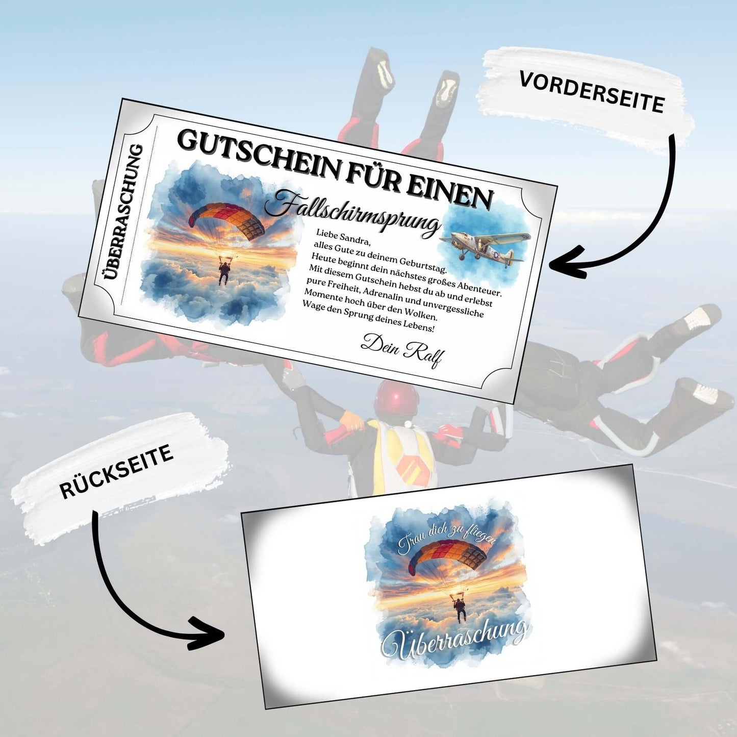 Personalisierter Skydiving Gutschein mit orangefarbenem Fallschirm über Wolkendecke