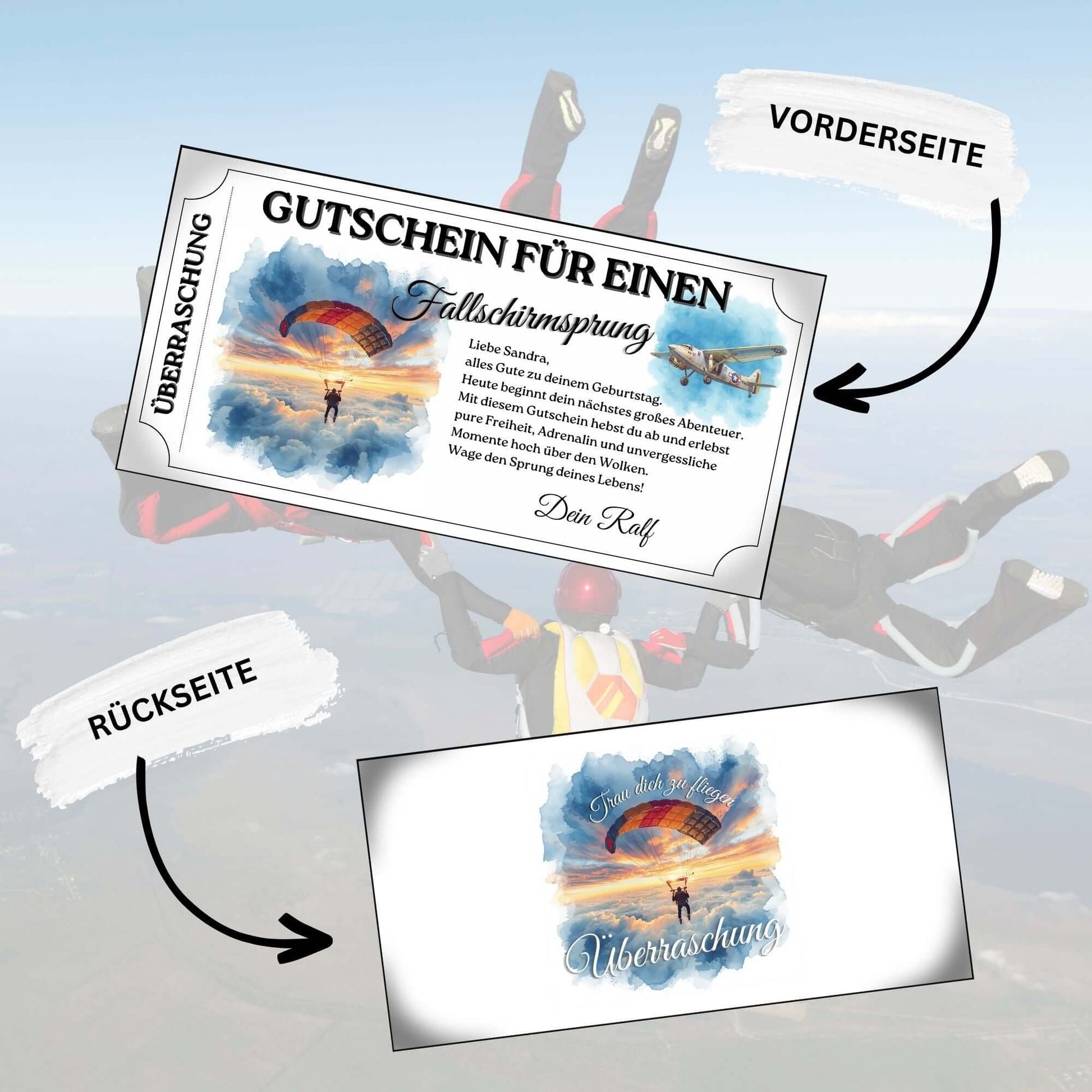 Personalisierter Skydiving Gutschein mit orangefarbenem Fallschirm über Wolkendecke