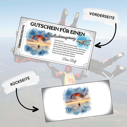Personalisierter Skydiving Gutschein mit orangefarbenem Fallschirm über Wolkendecke
