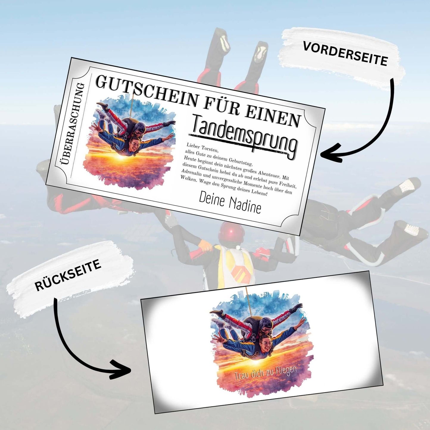 Digitaler Skydiving Gutschein im Ticket-Format mit Tandemsprung-Actionmotiv
