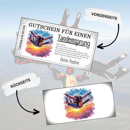 Digitaler Skydiving Gutschein im Ticket-Format mit Tandemsprung-Actionmotiv