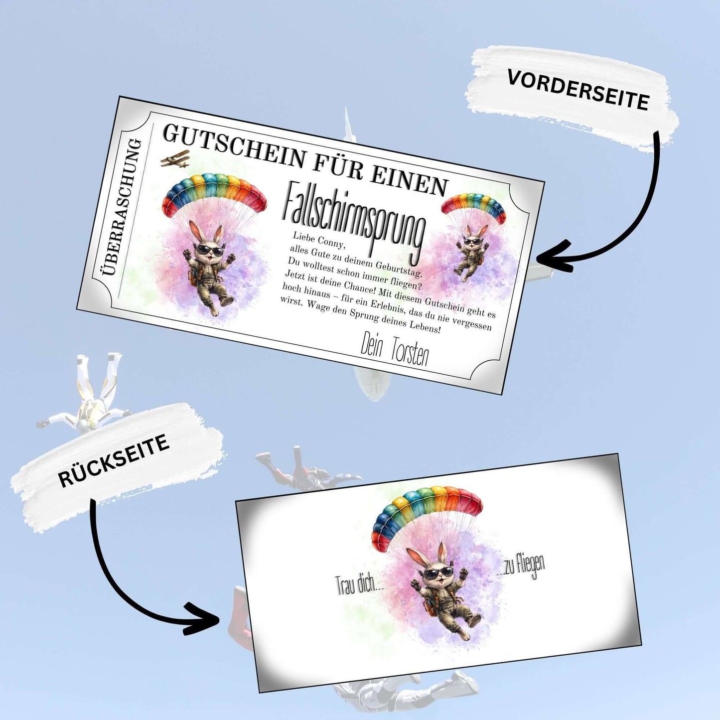 Personalisierter Fallschirmspringen Gutschein mit humorvollem Hasen-Motiv zum Ausdrucken