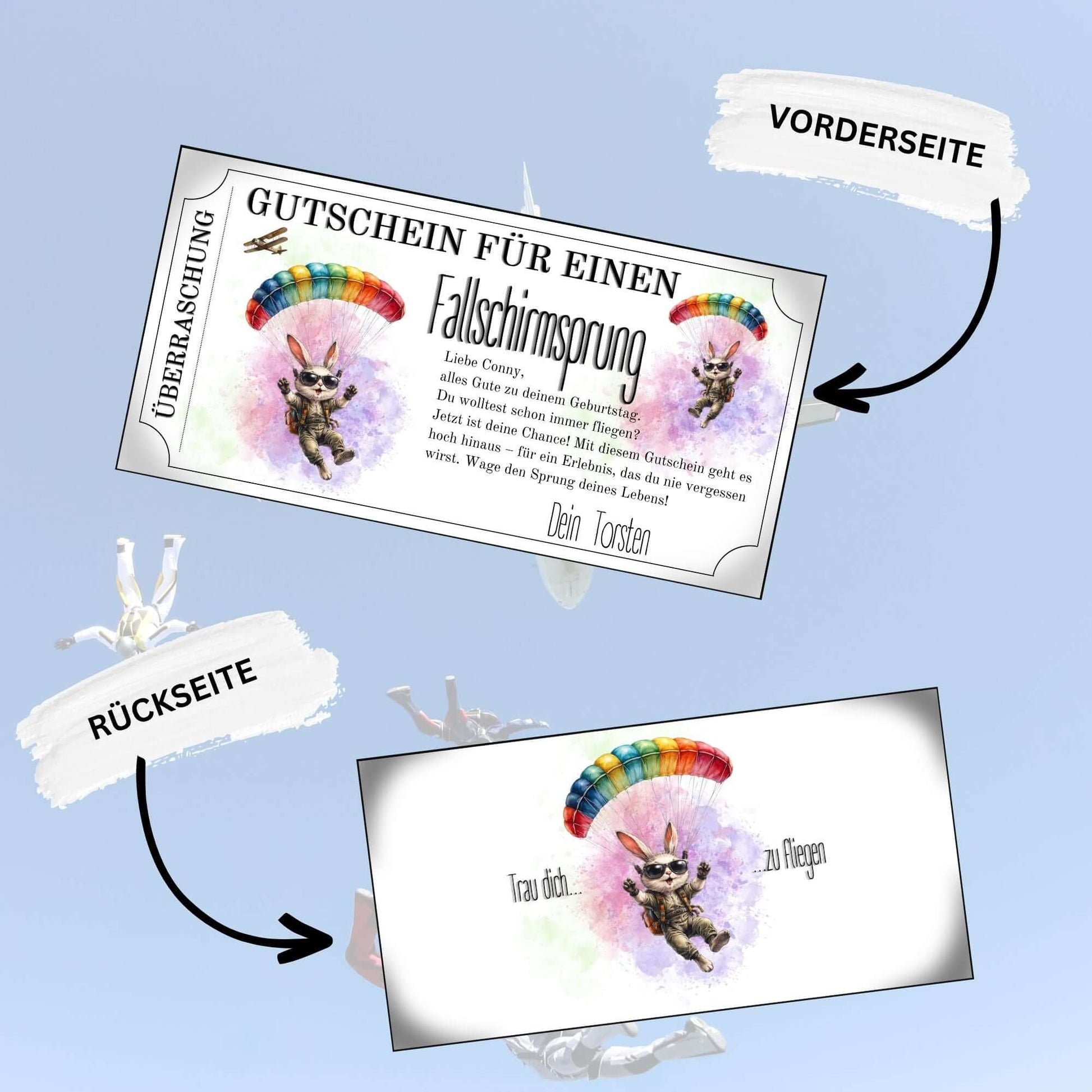 Personalisierter Fallschirmspringen Gutschein mit humorvollem Hasen-Motiv zum Ausdrucken