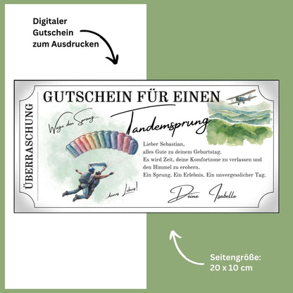 Digitale Gutschein zum Ausdrucken für einen Tandemsprung, personalisiert mit Farben und Fliegermotiv.