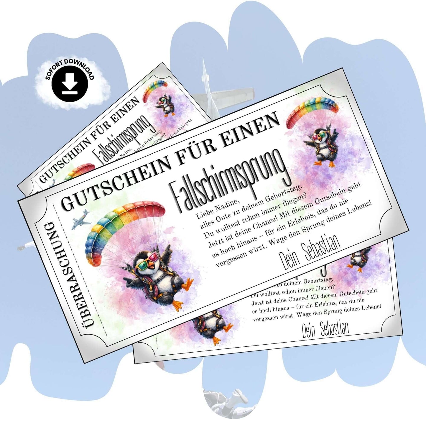Lustiger Skydiving Gutschein mit Cartoon-Pinguin und Pilotenbrille unter Regenbogen-Fallschirm