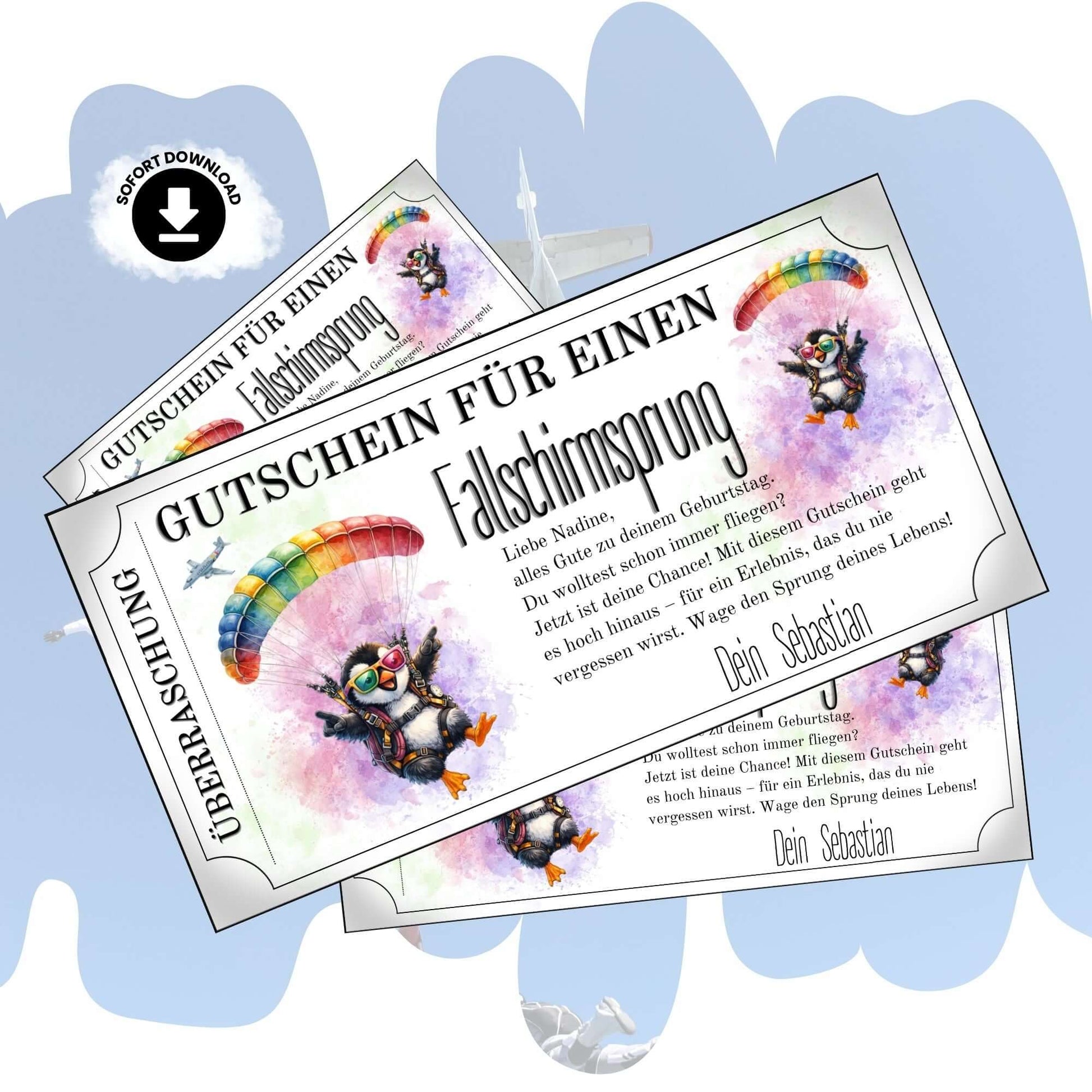 Lustiger Skydiving Gutschein mit Cartoon-Pinguin und Pilotenbrille unter Regenbogen-Fallschirm