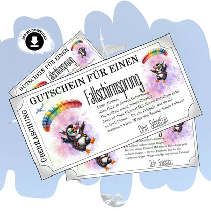 Lustiger Skydiving Gutschein mit Cartoon-Pinguin und Pilotenbrille unter Regenbogen-Fallschirm
