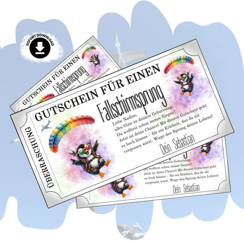 Lustiger Skydiving Gutschein mit Cartoon-Pinguin und Pilotenbrille unter Regenbogen-Fallschirm