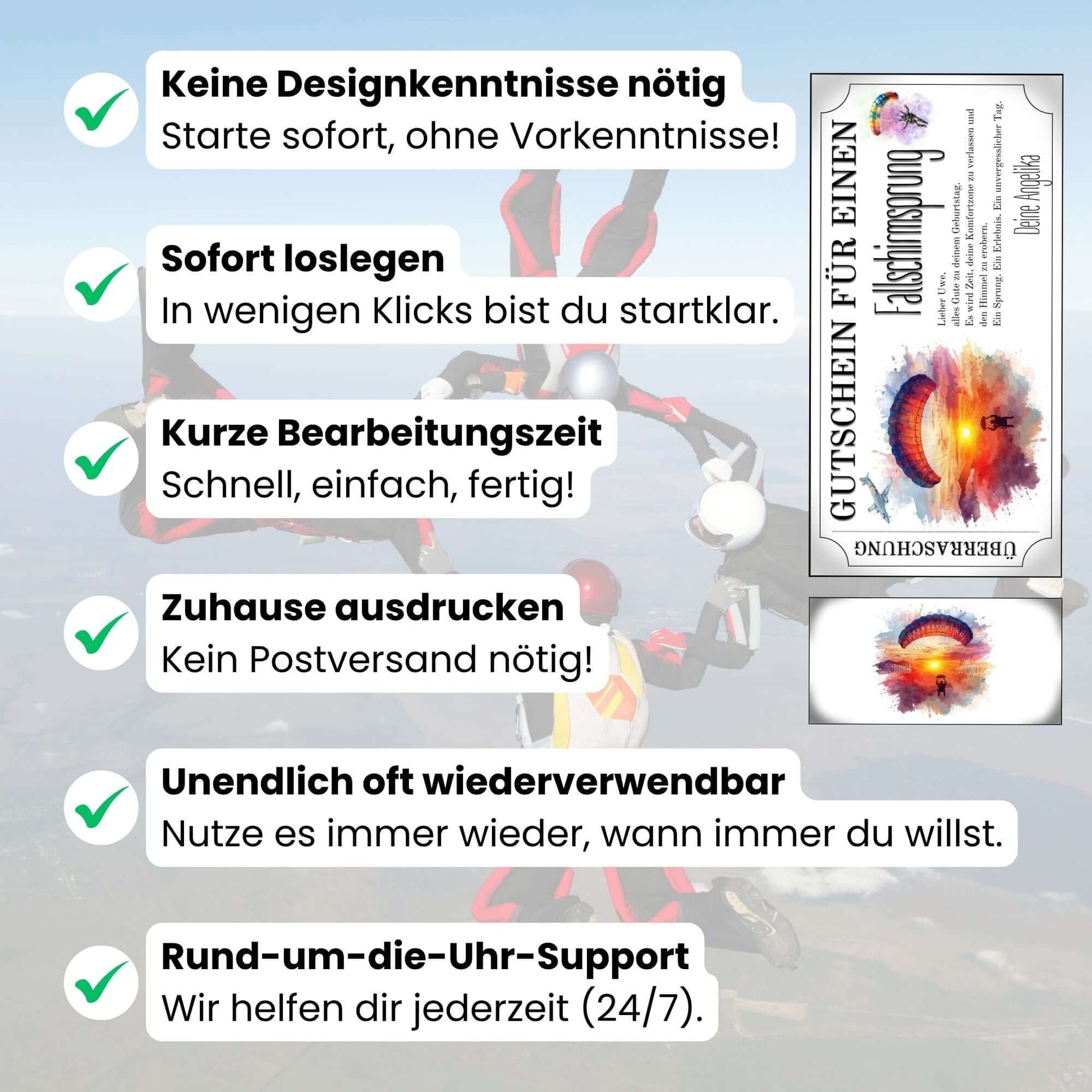 Digitaler Skydiving Überraschungsgutschein im Ticket-Design mit dramatischem Sunset-Motiv