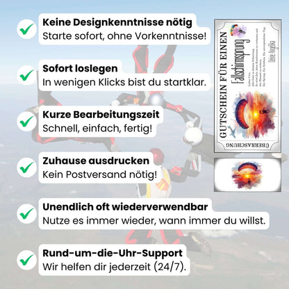 Digitaler Skydiving Überraschungsgutschein im Ticket-Design mit dramatischem Sunset-Motiv