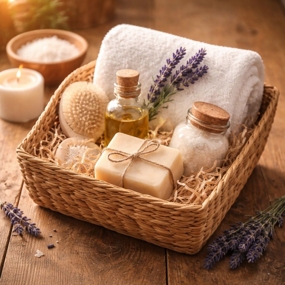Wellness-Geschenkkorb mit Badetuch und Lavendel – Online Gutschein für ein Spa Wochenende