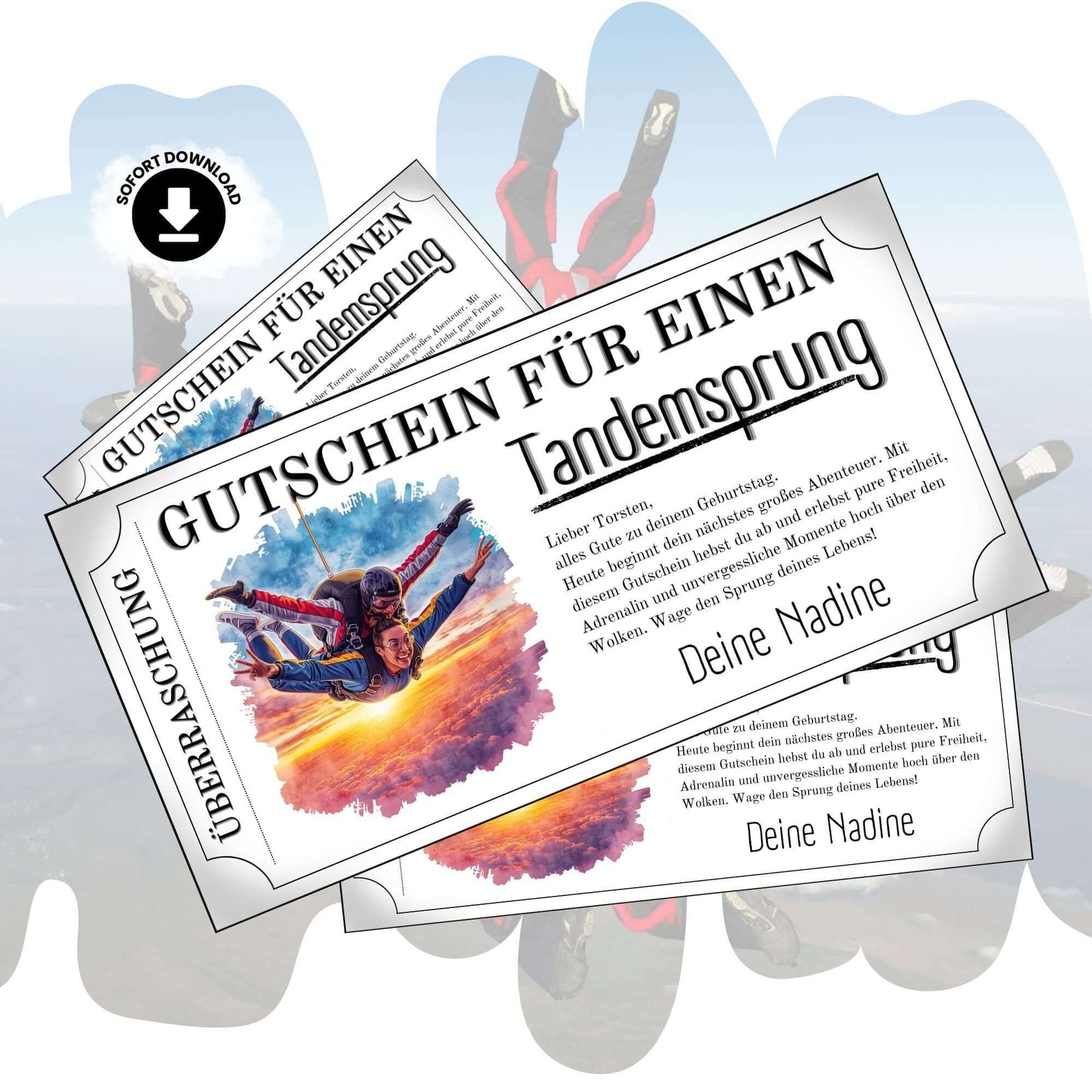 Tandemsprung Gutschein mit realistischem Freefall-Foto und Sonnenuntergang über Wolken