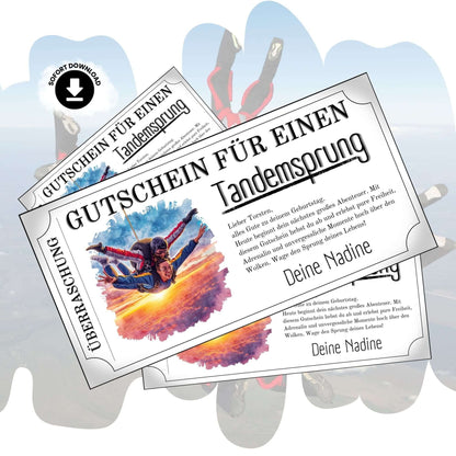 Tandemsprung Gutschein mit realistischem Freefall-Foto und Sonnenuntergang über Wolken