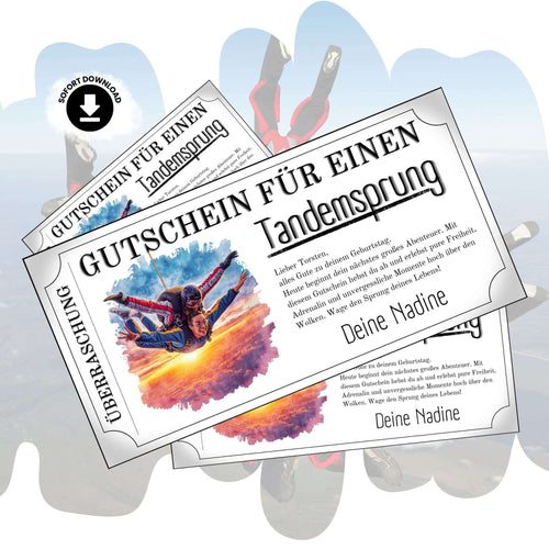 Tandemsprung Gutschein mit realistischem Freefall-Foto und Sonnenuntergang über Wolken