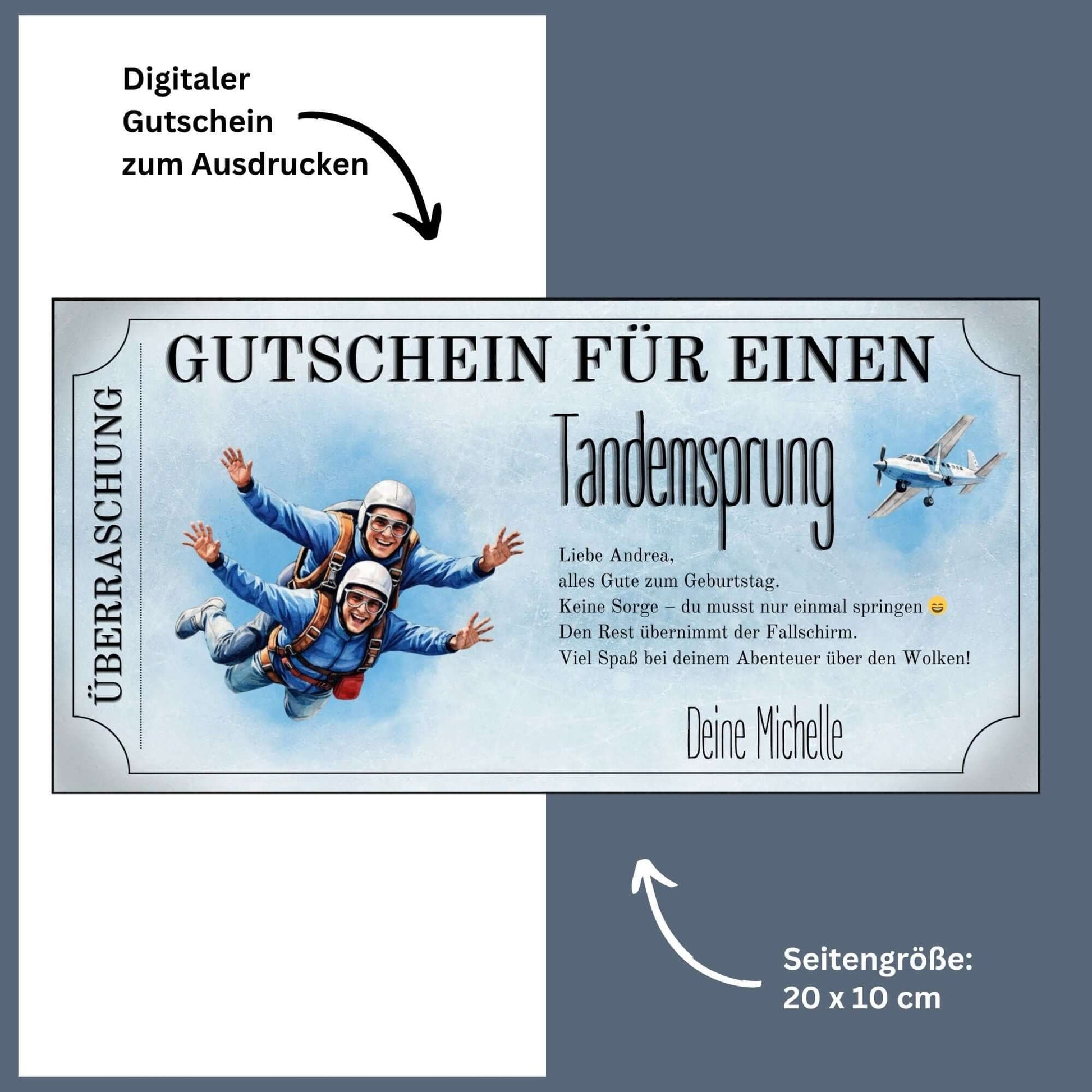 Fallschirmsprung Geschenkidee als druckbare PDF mit klassischem Tandemsprung-Motiv auf Blau
