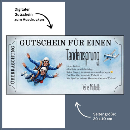 Fallschirmsprung Geschenkidee als druckbare PDF mit klassischem Tandemsprung-Motiv auf Blau