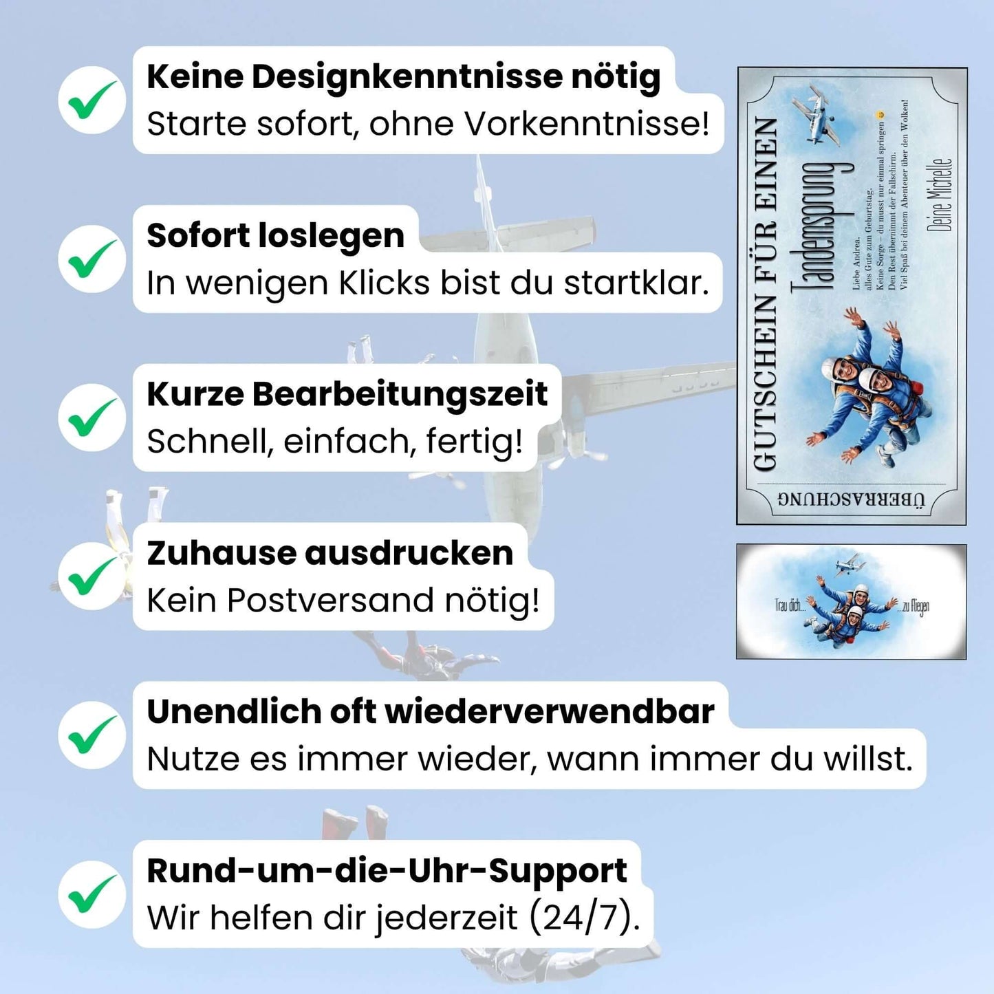 Digitaler Fallschirmspringen Geschenkgutschein im Retro-Illustrations-Stil mit Propellerflugzeug