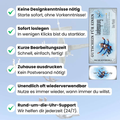 Digitaler Fallschirmspringen Geschenkgutschein im Retro-Illustrations-Stil mit Propellerflugzeug