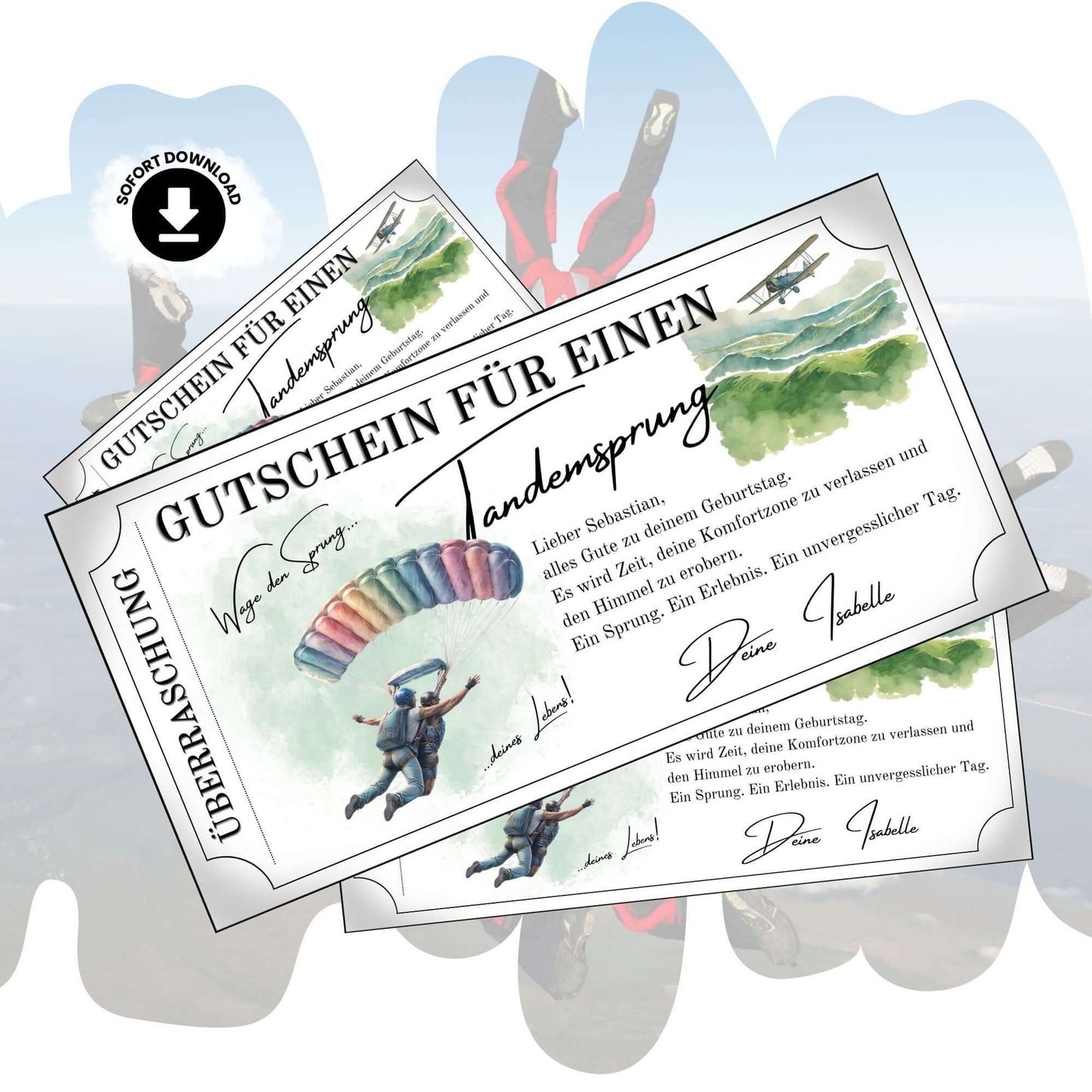 Personalisierter Tandemsprung Gutschein im Aquarell-Design mit Regenbogen-Fallschirm zum Ausdrucken