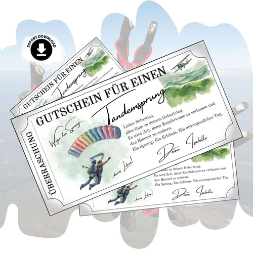 Personalisierter Tandemsprung Gutschein im Aquarell-Design mit Regenbogen-Fallschirm zum Ausdrucken