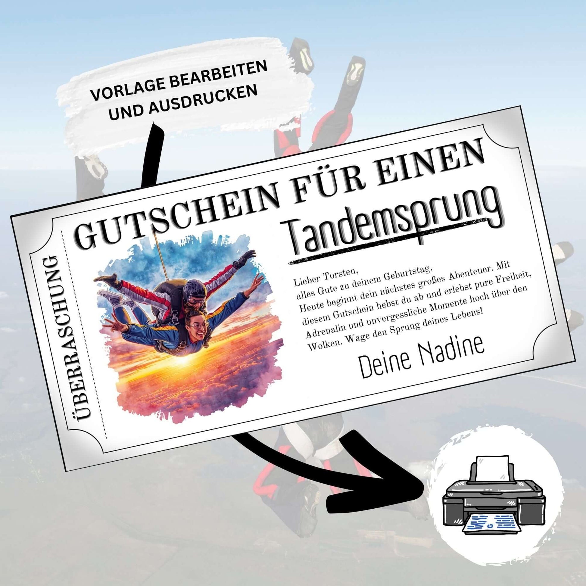 Gutschein Vorlage Tandemsprung mit zwei Springern und goldenem Abendhimmel