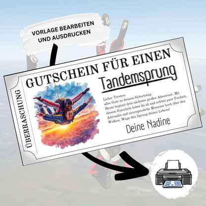 Gutschein Vorlage Tandemsprung mit zwei Springern und goldenem Abendhimmel