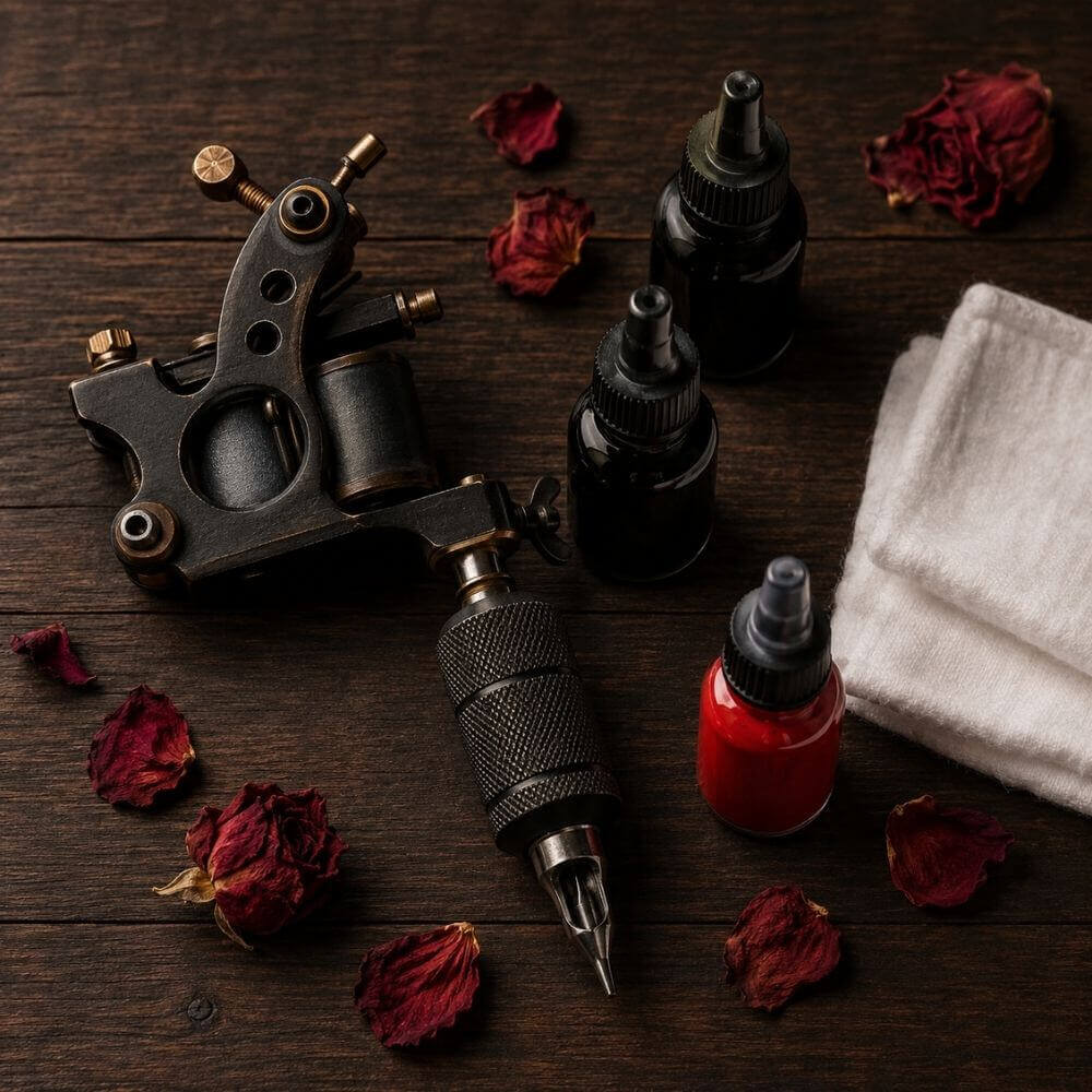 Tattoo-Maschine mit Tinte und Rosenblättern auf Holztisch – digitaler Tattoo Gutschein