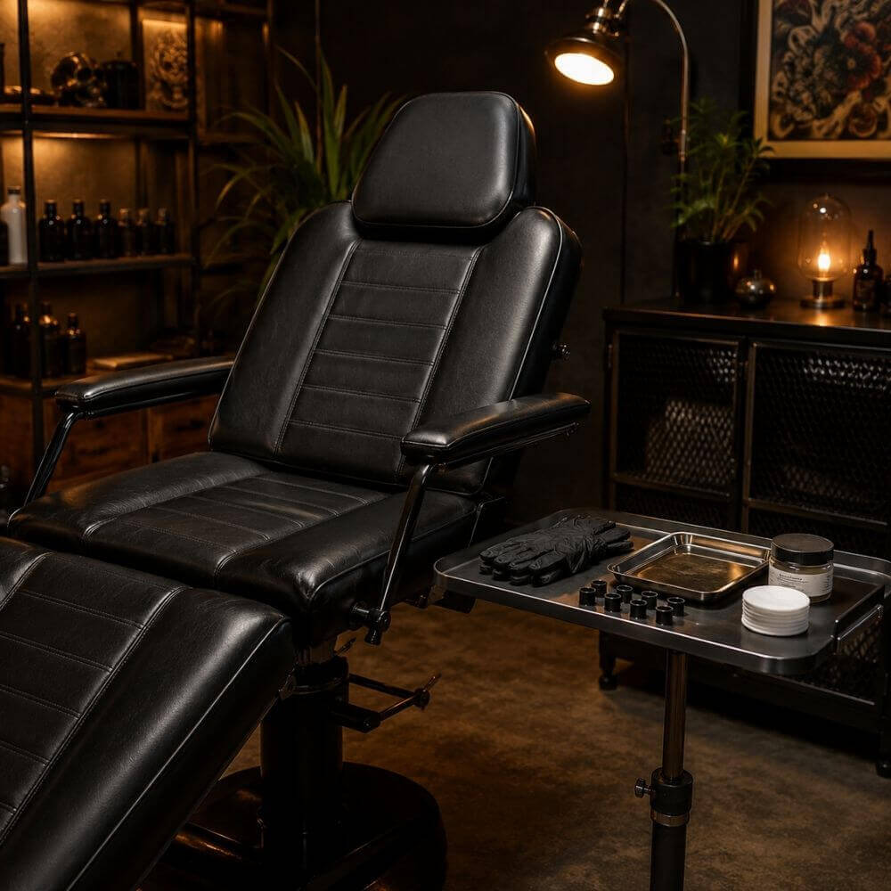 Gemütliche Tattoo-Studio-Ecke mit Lederstuhl – Ambiente für einen Tattoo Gutschein