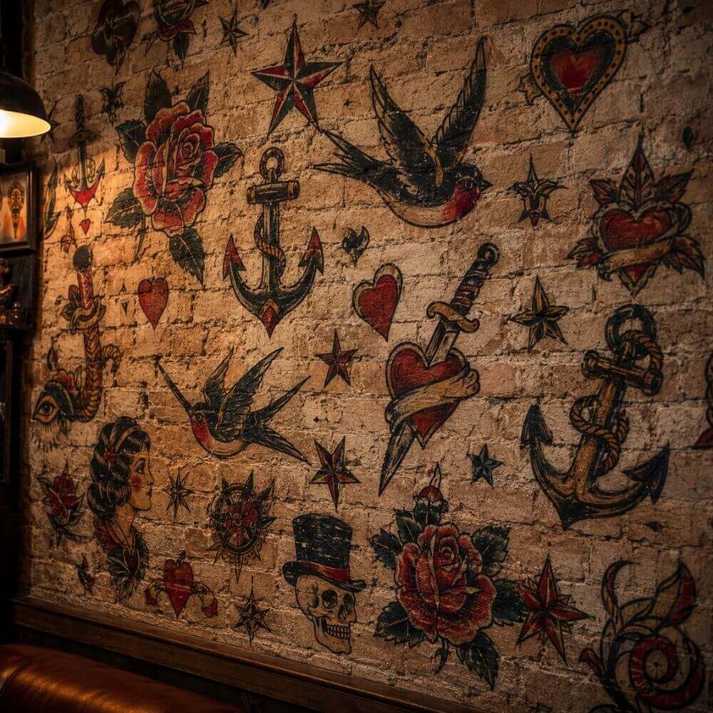 Tattoo-Studio-Wand mit Flash-Motiven im Vintage-Stil – Tattoo Gutschein Inspiration