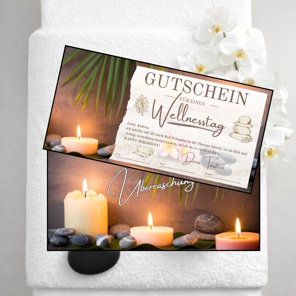 Massagetisch mit Orchideen und Hot-Stone-Steinen – digitaler Wellness Geschenkgutschein