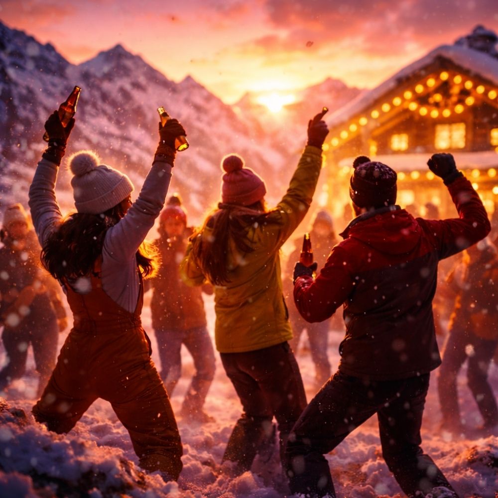 Digitale Après-Ski Mottoparty Einladung mit tanzenden Silhouetten vor leuchtendem Alpenpanorama bei Sonnenuntergang