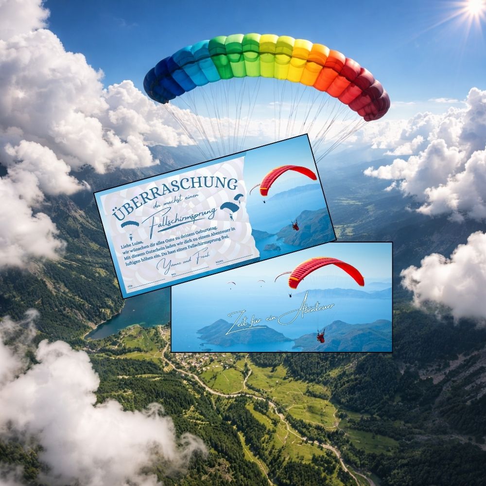 Person beim Fallschirmspringen über grüner Landschaft – Abenteuer Gutschein zum Ausdrucken für unvergessliche Erlebnisse