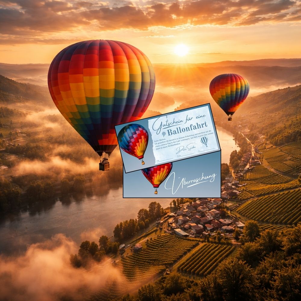 Heißluftballons über nebligem Flusstal bei Sonnenaufgang – Abenteuer Gutschein zum Ausdrucken für besondere Momente
