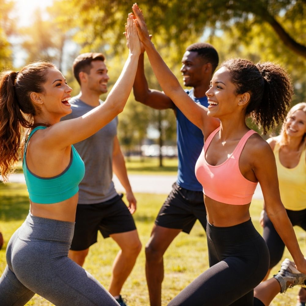 Fröhliche Sportgruppe beim Outdoor-Training als Bild für eine kreative Sport Geschenkidee von eCARD4you
