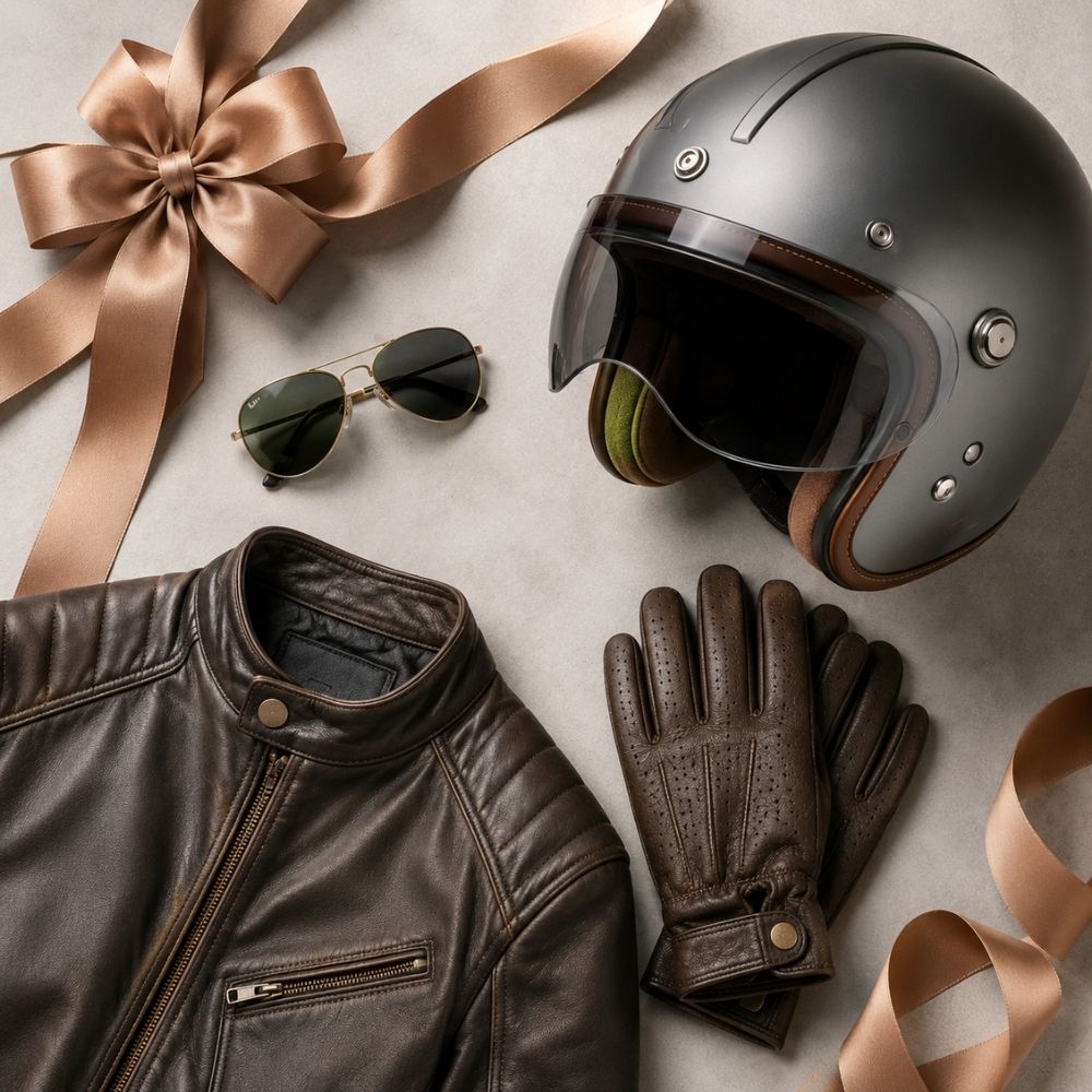 Mopedführerschein Gutschein digital – elegantes Flat-Lay mit Helm, Sonnenbrille und Lederhandschuhen als Geschenk-Styling
