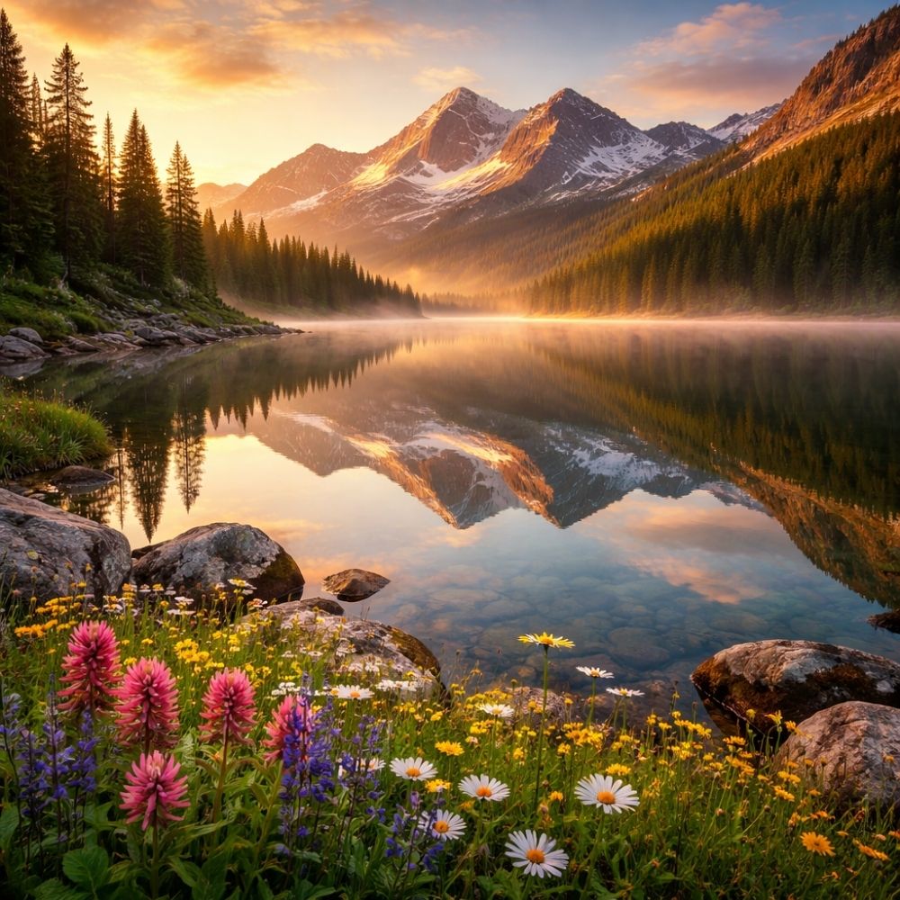 Stiller Bergsee bei Sonnenaufgang mit schneebedeckten Gipfeln und Wildblumen – inspirierendes Motiv für einen Ausflugsgutschein selber gestalten