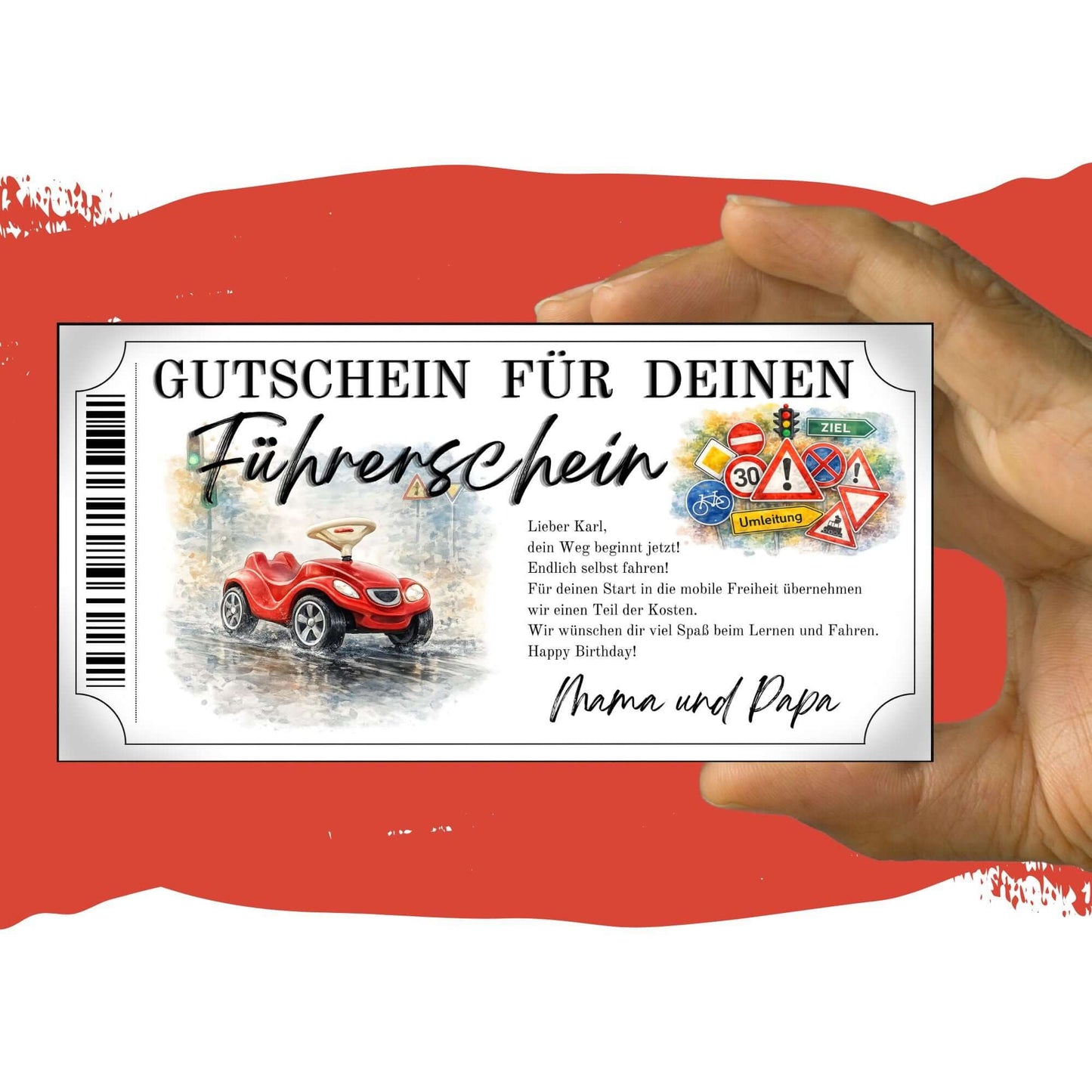 Führerschein Gutschein Bobby-Car mit Tempo-30 Umleitung und Warndreiecken im Aquarell-Stil