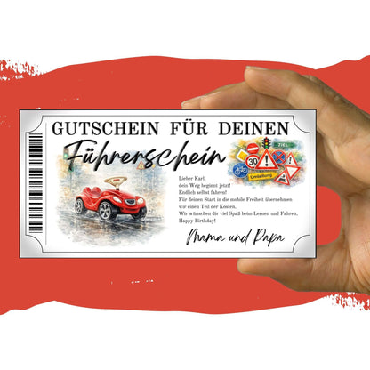 Führerschein Gutschein Bobby-Car mit Tempo-30 Umleitung und Warndreiecken im Aquarell-Stil
