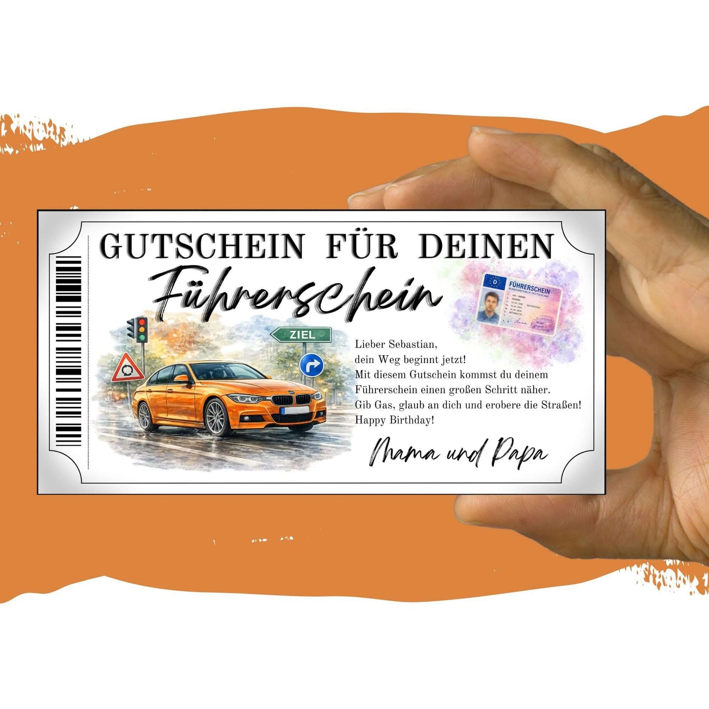 Führerschein Gutschein Sportwagen mit ZIEL-Schild und Kreisverkehrsschild im Aquarell-Stil