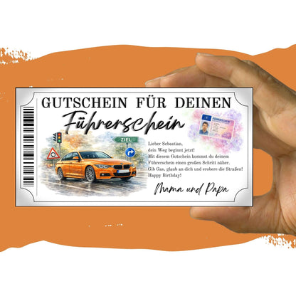 Führerschein Gutschein Sportwagen mit ZIEL-Schild und Kreisverkehrsschild im Aquarell-Stil