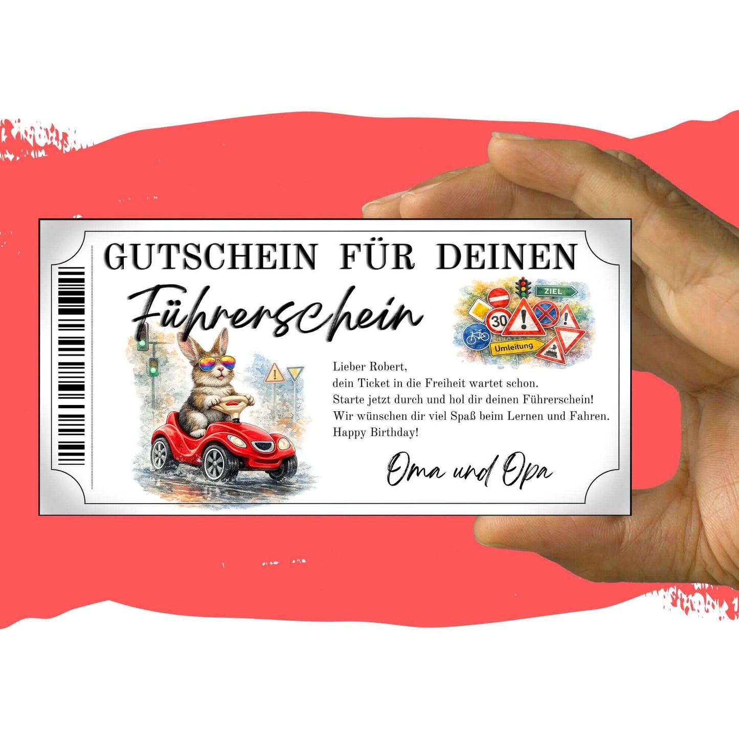 Führerschein Gutschein Hase mit Tempo-30 Umleitung und Warndreiecken im Aquarell-Stil