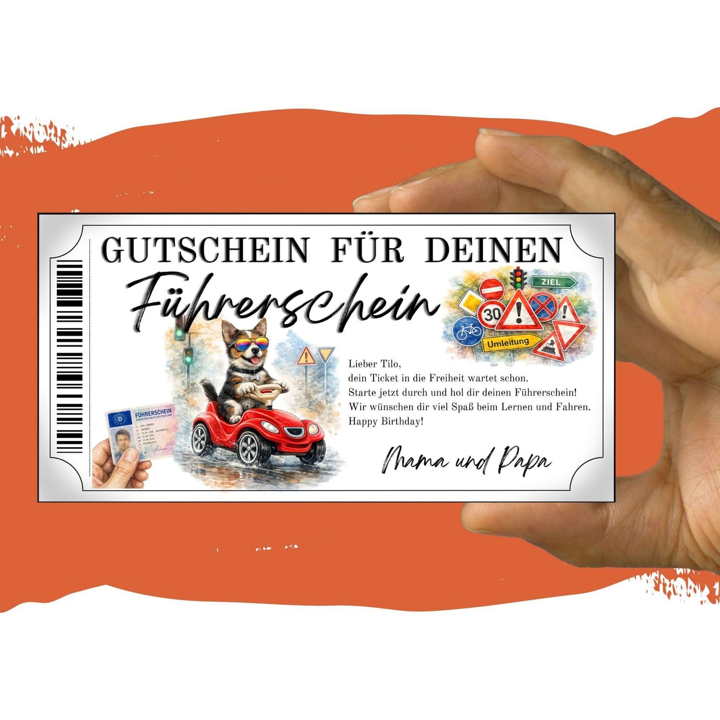 Führerschein Gutschein Hund mit Tempo-30 Umleitung und Warndreiecken im Aquarell-Stil