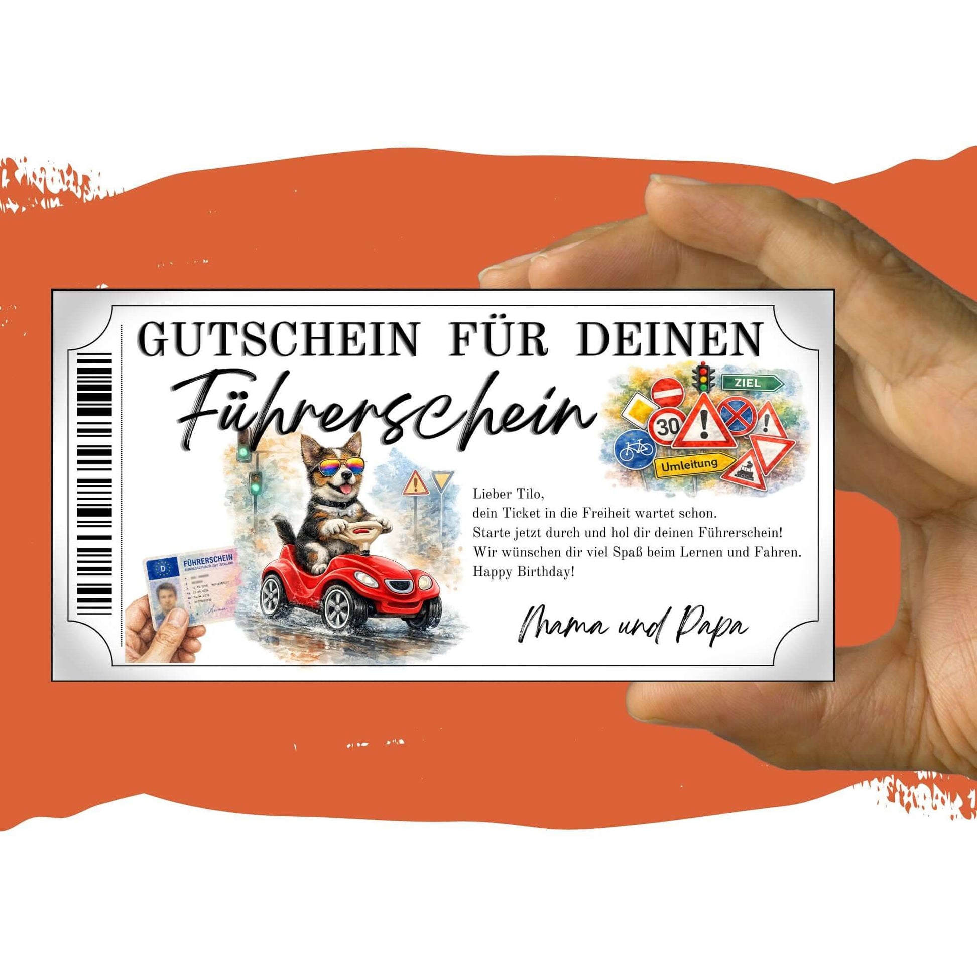 Führerschein Gutschein Hund mit Tempo-30 Umleitung und Warndreiecken im Aquarell-Stil