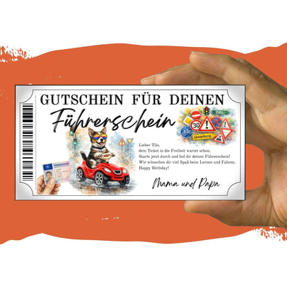 Führerschein Gutschein Hund mit Tempo-30 Umleitung und Warndreiecken im Aquarell-Stil