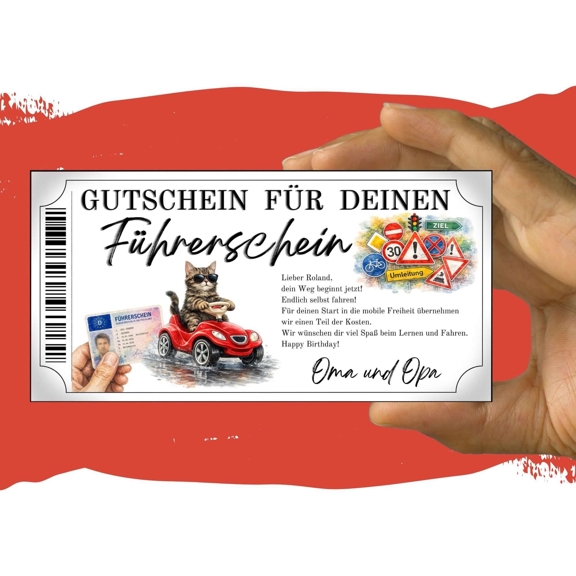 Führerschein Gutschein Katze mit Tempo-30 Umleitung und Warndreiecken im Aquarell-Stil