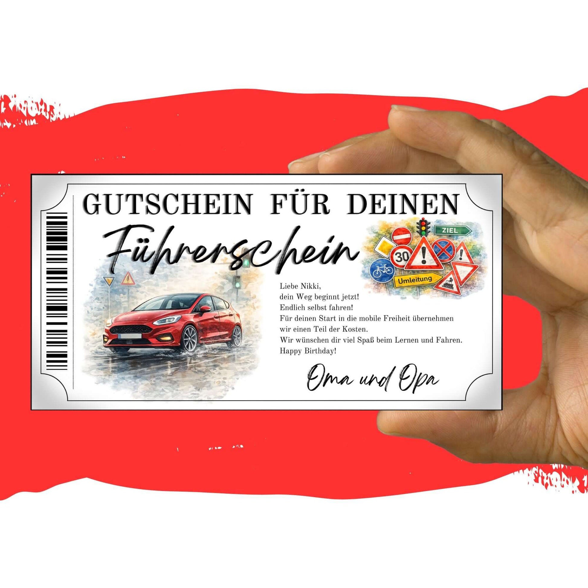 Führerschein Gutschein rotes Auto mit Tempo-30 Umleitung und Warndreiecken im Aquarell-Stil