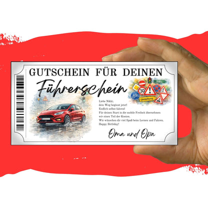 Führerschein Gutschein rotes Auto mit Tempo-30 Umleitung und Warndreiecken im Aquarell-Stil