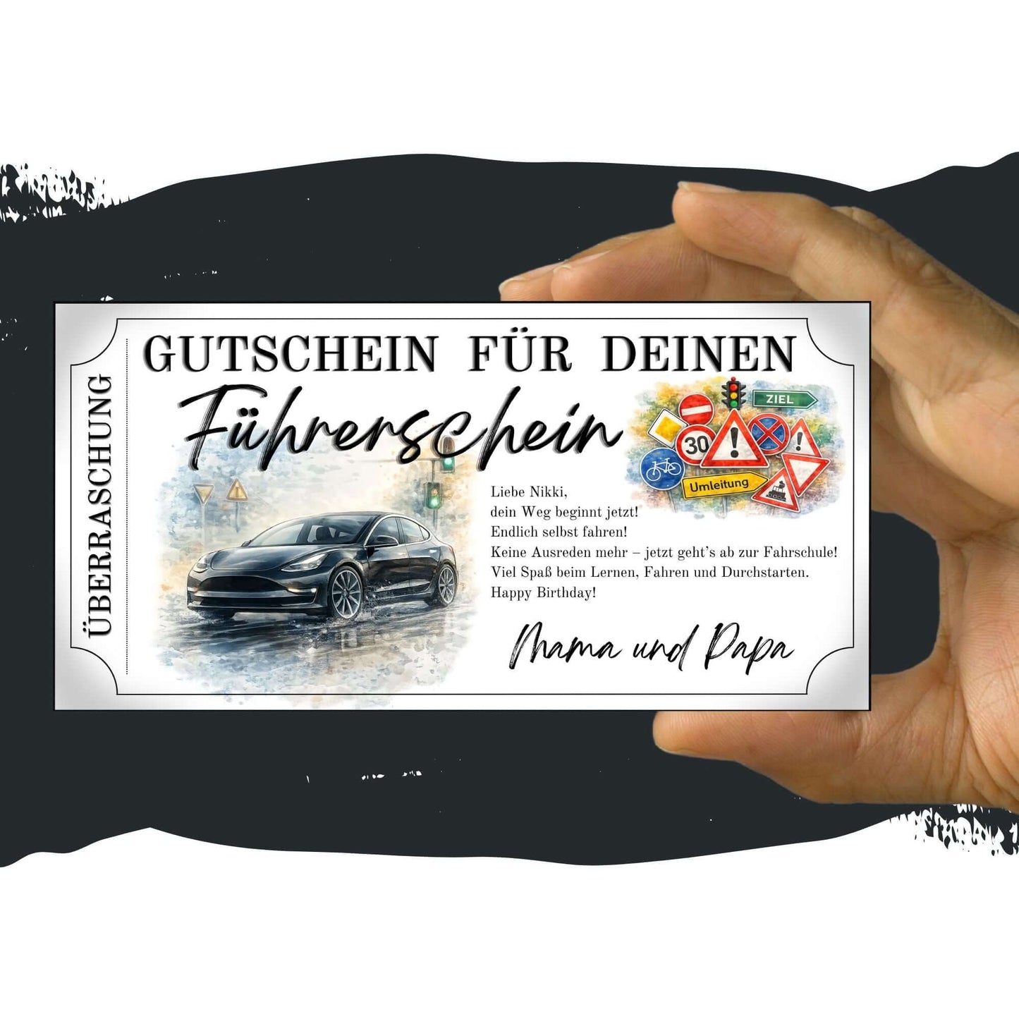 Führerschein Gutschein E-Auto mit Tempo-30 Umleitung und Warndreieck im Aquarell-Stil