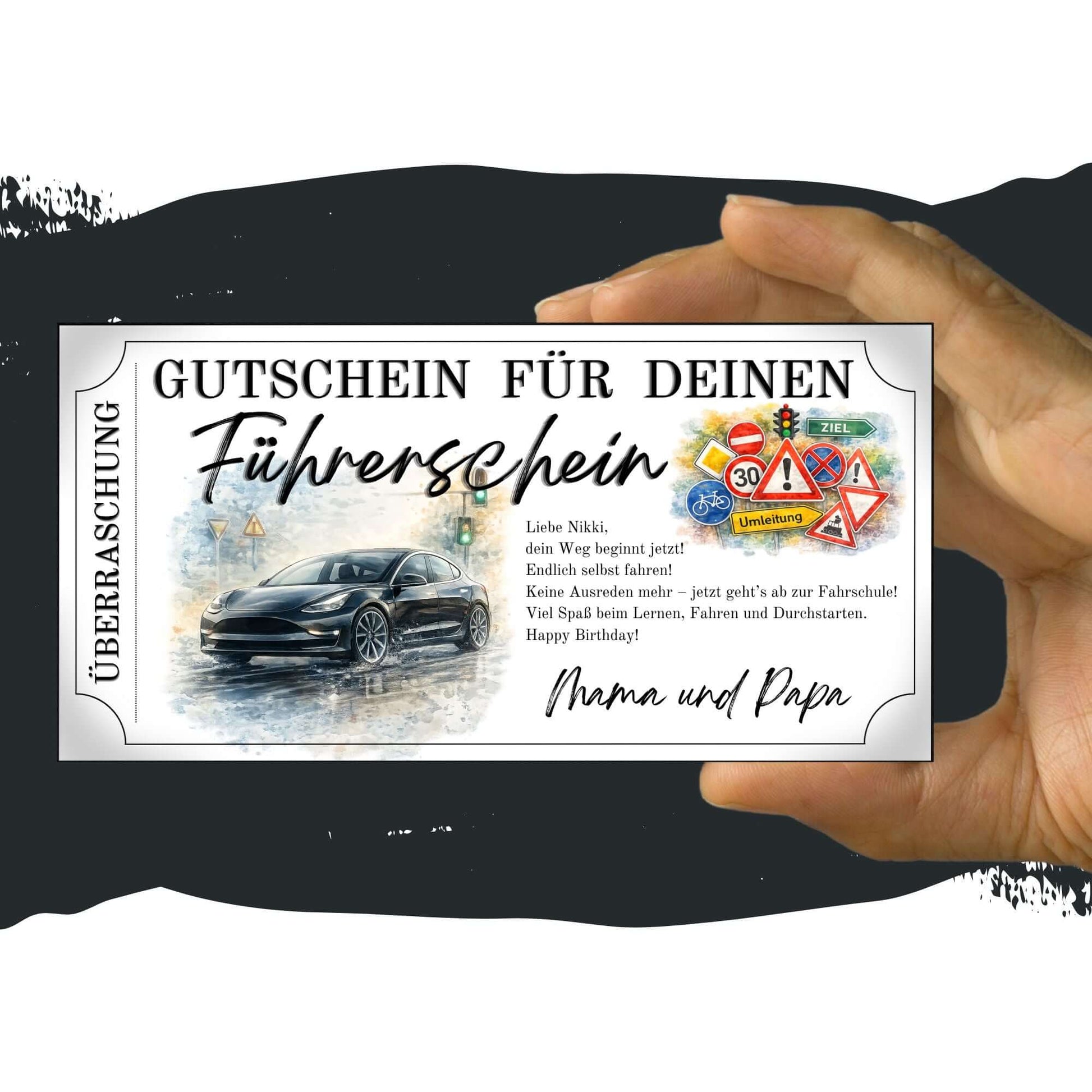 Führerschein Gutschein E-Auto mit Tempo-30 Umleitung und Warndreieck im Aquarell-Stil