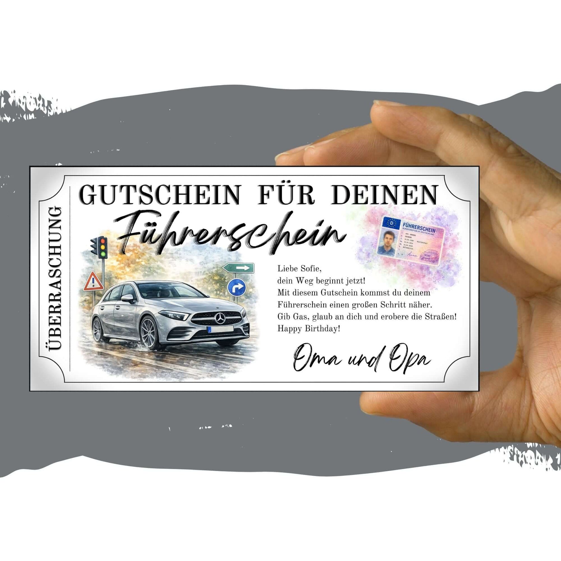 Führerschein Gutschein elegant mit Achtung-Schild und blauen Richtungspfeilen im Aquarell-Stil